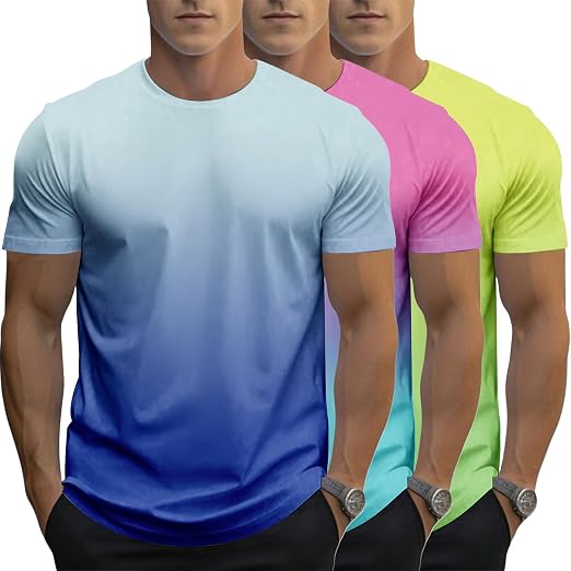 3 Pack Men's Gradient Color T-Shirt, Short Sleeve Crewneck, Summer Short Sleeved Round Neck