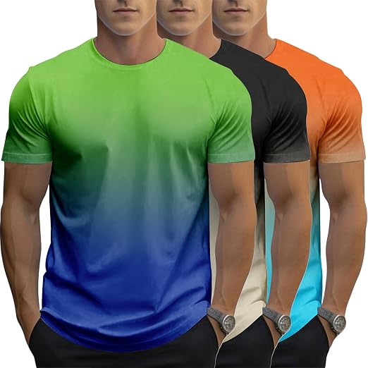 3 Pack Men's Gradient Color T-Shirt, Short Sleeve Crewneck, Summer Short Sleeved Round Neck